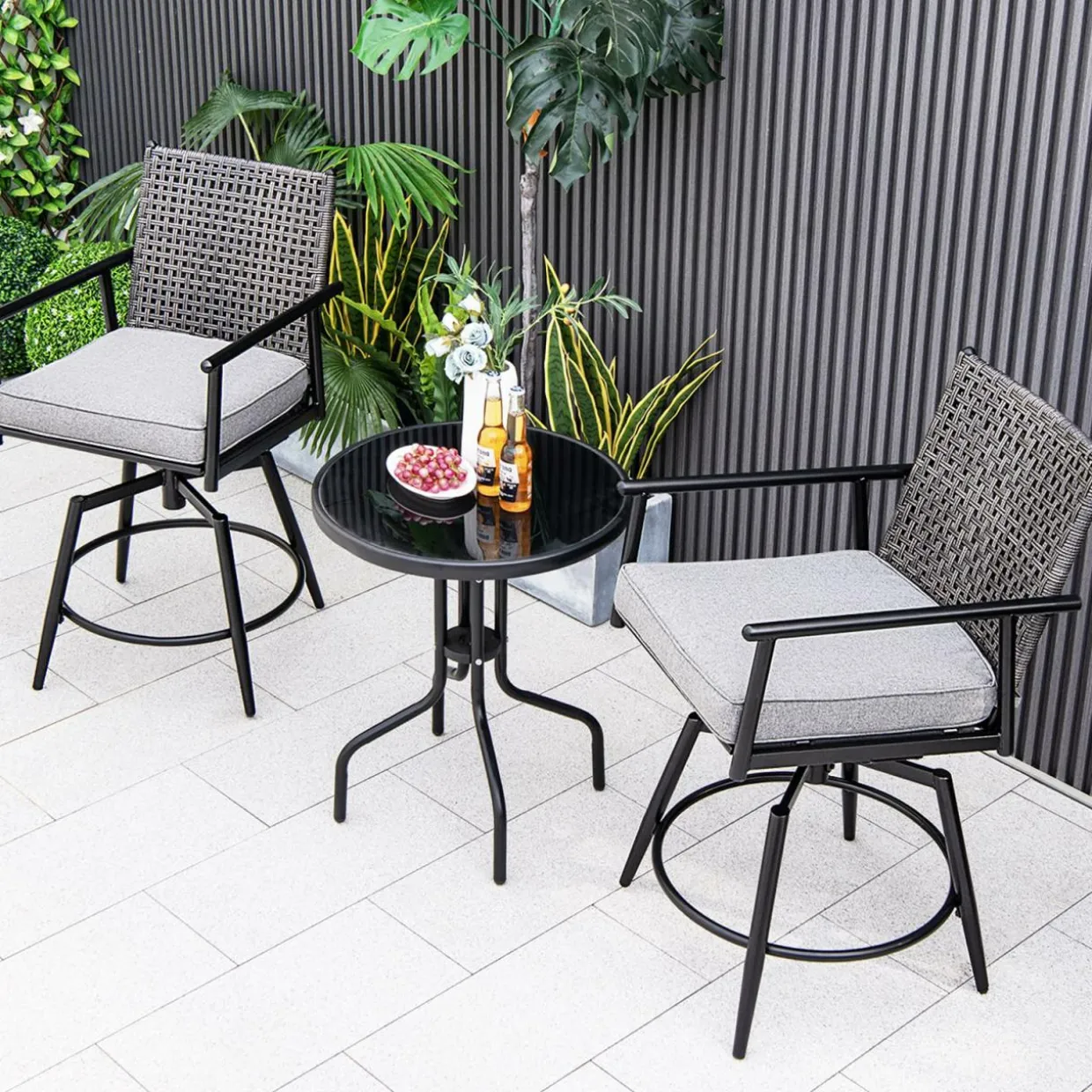 Tangkula Patio Swivel Bar Stools Set of 2, Outdoor Counter Height Bar Chairs with PE Rattan Back