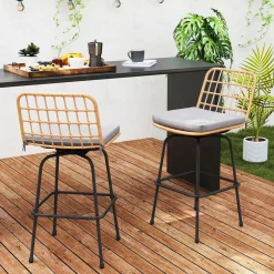 Tangkula Patio Swivel Barstools, Wicker Bar Height Chairs w/Soft Seat Cushions
