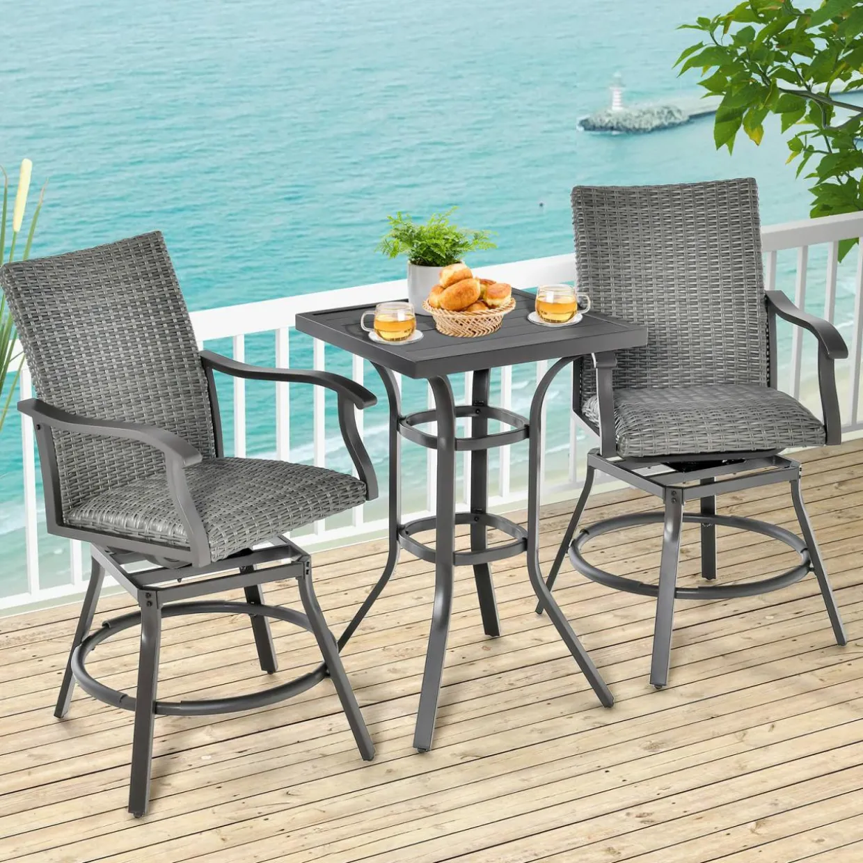 Tangkula Patio Swivel Bar Chairs Set of 2, Aluminum 360 Swiveling Bar Height Chair with 4D Air Fiber Cushion