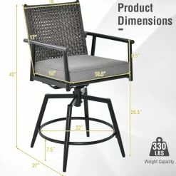 Tangkula Patio Swivel Bar Stools Set of 2, Outdoor Counter Height Bar Chairs with PE Rattan Back