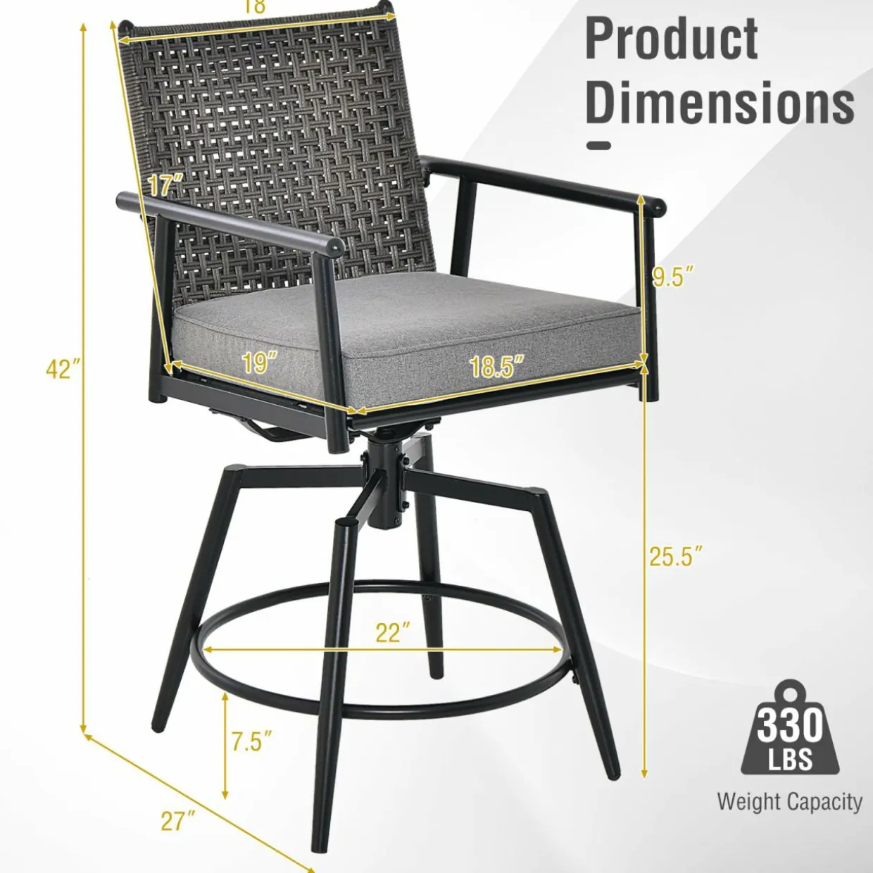 Tangkula Patio Swivel Bar Stools Set of 2, Outdoor Counter Height Bar Chairs with PE Rattan Back