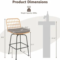 Tangkula Patio Swivel Barstools, Wicker Bar Height Chairs w/Soft Seat Cushions