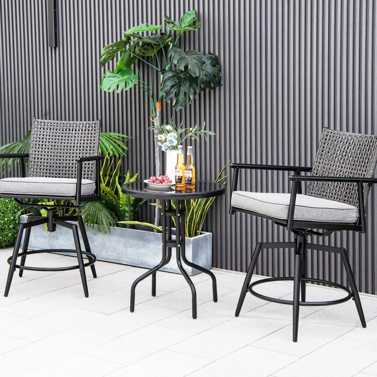 Tangkula Patio Swivel Bar Stools Set of 2, Outdoor Counter Height Bar Chairs with PE Rattan Back