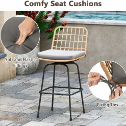Tangkula Patio Swivel Barstools, Wicker Bar Height Chairs w/Soft Seat Cushions