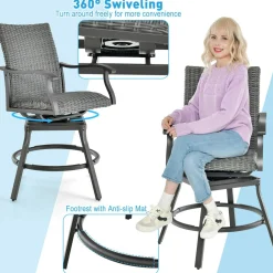 Tangkula Patio Swivel Bar Chairs Set of 2, Aluminum 360 Swiveling Bar Height Chair with 4D Air Fiber Cushion