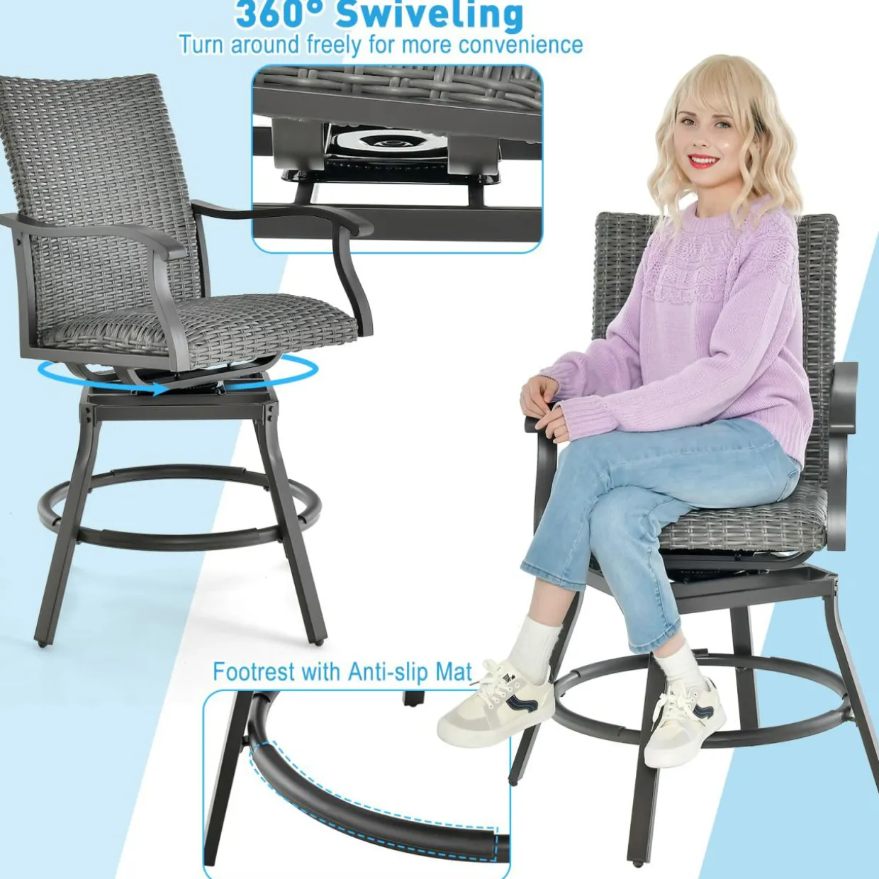 Tangkula Patio Swivel Bar Chairs Set of 2, Aluminum 360 Swiveling Bar Height Chair with 4D Air Fiber Cushion