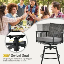 Tangkula Patio Swivel Bar Stools Set of 2, Outdoor Counter Height Bar Chairs with PE Rattan Back