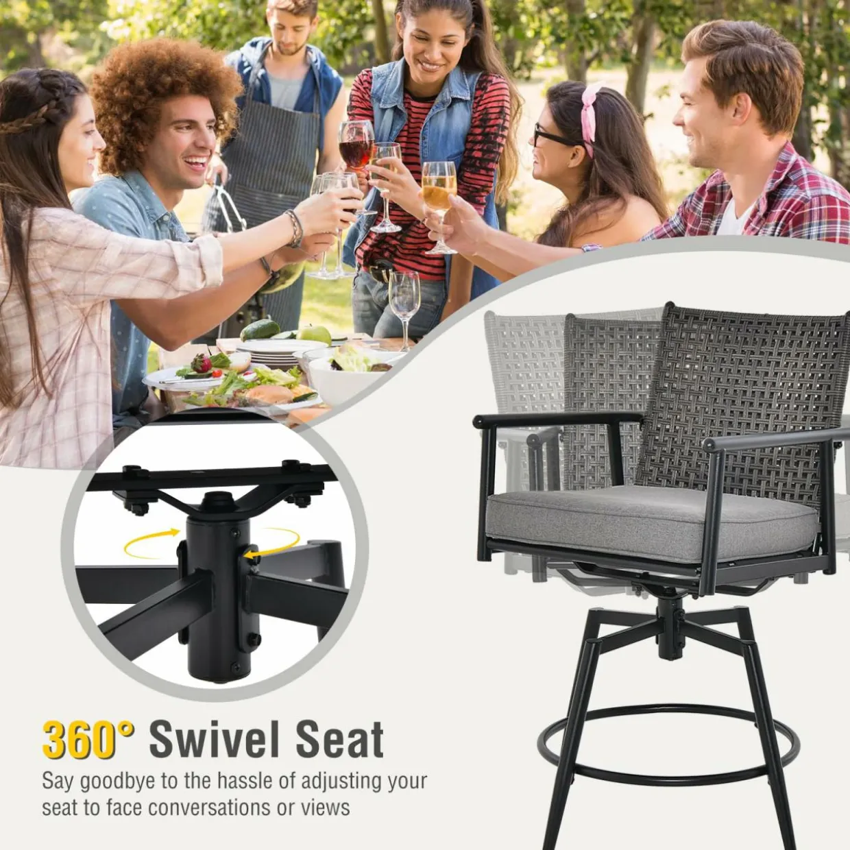Tangkula Patio Swivel Bar Stools Set of 2, Outdoor Counter Height Bar Chairs with PE Rattan Back