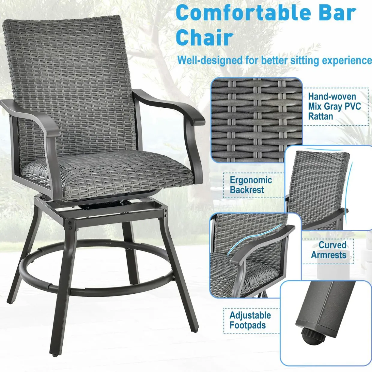 Tangkula Patio Swivel Bar Chairs Set of 2, Aluminum 360 Swiveling Bar Height Chair with 4D Air Fiber Cushion