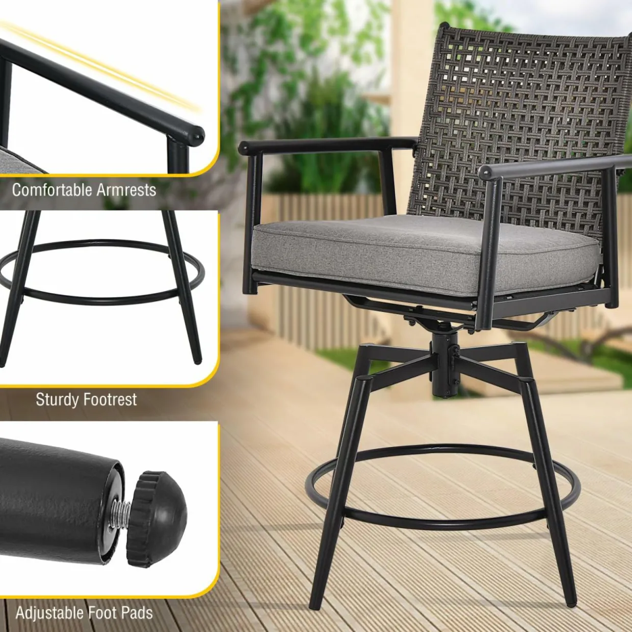 Tangkula Patio Swivel Bar Stools Set of 2, Outdoor Counter Height Bar Chairs with PE Rattan Back