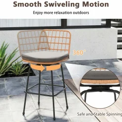 Tangkula Patio Swivel Barstools, Wicker Bar Height Chairs w/Soft Seat Cushions