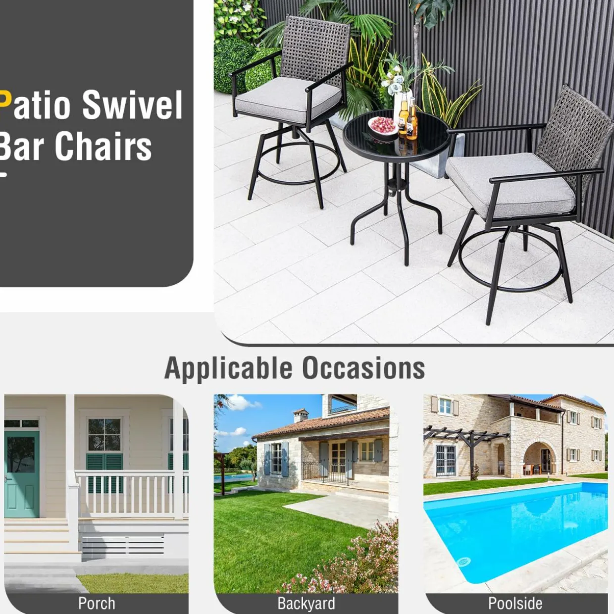Tangkula Patio Swivel Bar Stools Set of 2, Outdoor Counter Height Bar Chairs with PE Rattan Back