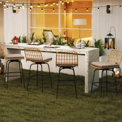 Tangkula Patio Swivel Barstools, Wicker Bar Height Chairs w/Soft Seat Cushions