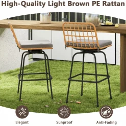 Tangkula Patio Swivel Barstools, Wicker Bar Height Chairs w/Soft Seat Cushions