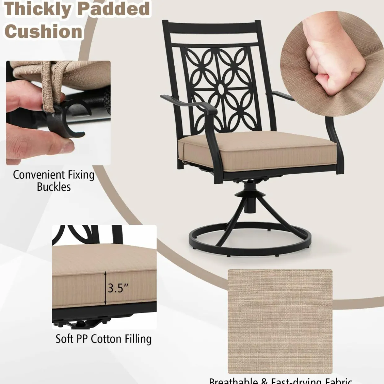 Tangkula Patio Swivel Dining Chairs Set of 2, Heavy Duty Metal Outdoor Dining Chairs with Thick Cushions
