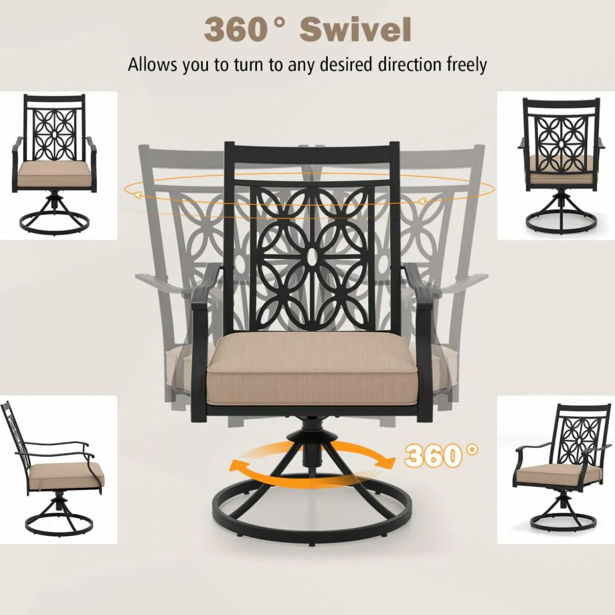 Tangkula Patio Swivel Dining Chairs Set of 2, Heavy Duty Metal Outdoor Dining Chairs with Thick Cushions