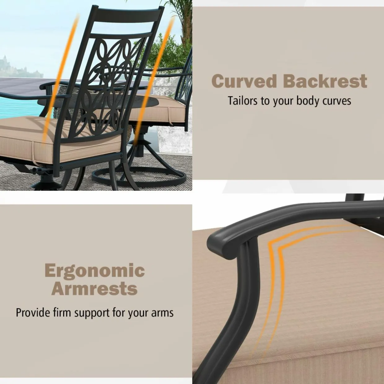 Tangkula Patio Swivel Dining Chairs Set of 2, Heavy Duty Metal Outdoor Dining Chairs with Thick Cushions