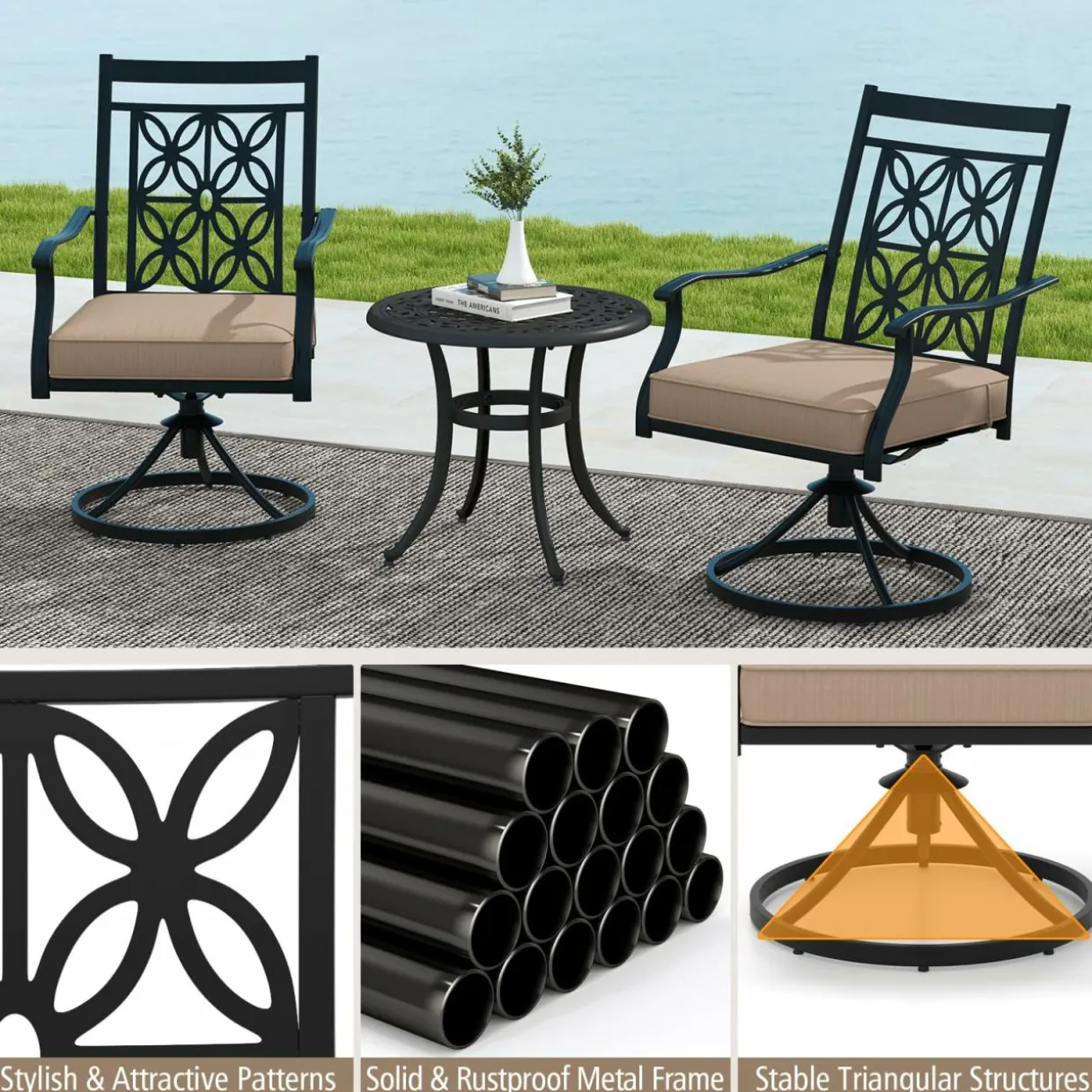 Tangkula Patio Swivel Dining Chairs Set of 2, Heavy Duty Metal Outdoor Dining Chairs with Thick Cushions