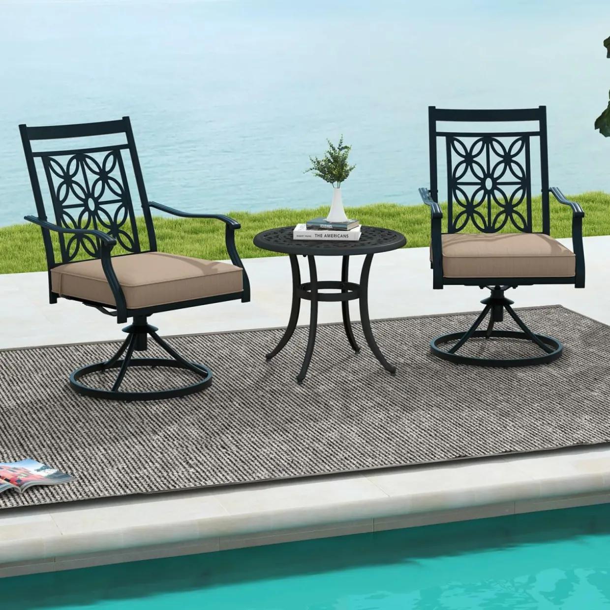 Tangkula Patio Swivel Dining Chairs Set of 2, Heavy Duty Metal Outdoor Dining Chairs with Thick Cushions