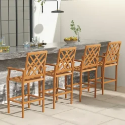Tangkula Patio Teak Wood Bar Stool, Outdoor Counter Height Chair w/Ergonomic Backrest, Armrests & Footrest