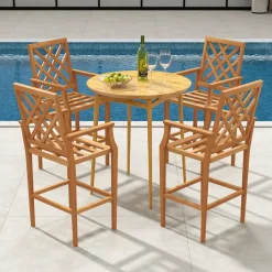 Tangkula Patio Teak Wood Bar Stool, Outdoor Counter Height Chair w/Ergonomic Backrest, Armrests & Footrest