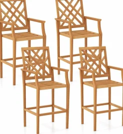 Tangkula Patio Teak Wood Bar Stool, Outdoor Counter Height Chair w/Ergonomic Backrest, Armrests & Footrest