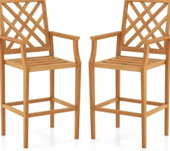 Tangkula Patio Teak Wood Bar Stool, Outdoor Counter Height Chair w/Ergonomic Backrest, Armrests & Footrest