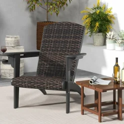 Tangkula Patio Wicker Adirondack Chair, HDPE Lounge Chair w/Rattan Padded Seat & Back