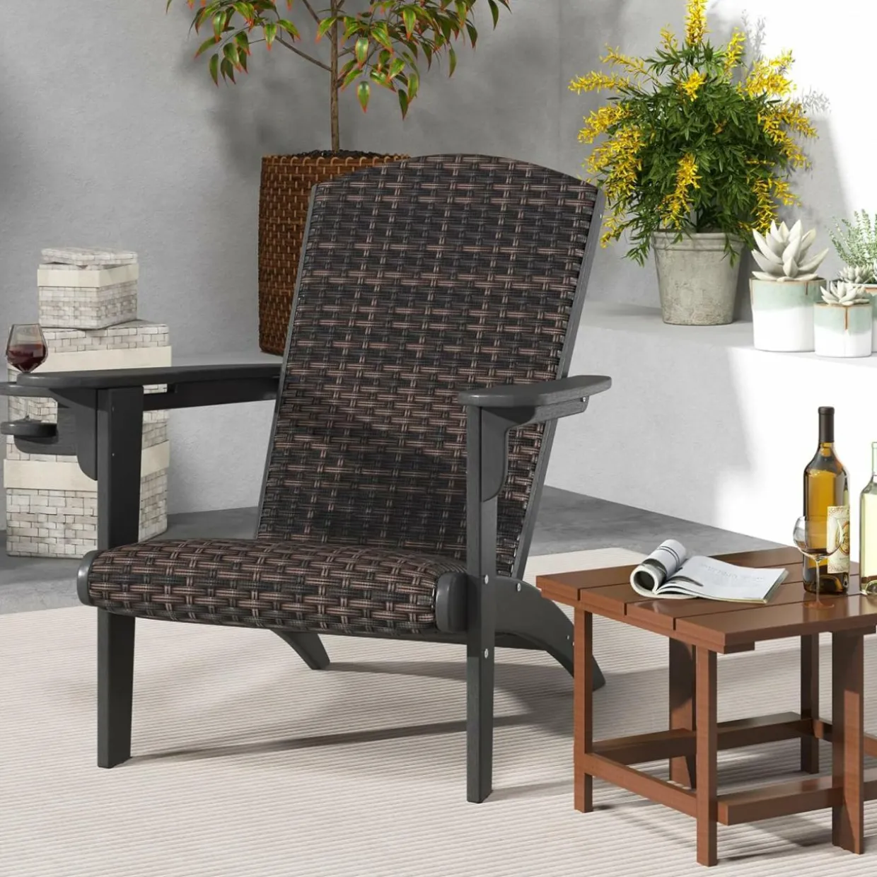 Tangkula Patio Wicker Adirondack Chair, HDPE Lounge Chair w/Rattan Padded Seat & Back