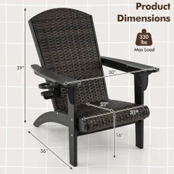 Tangkula Patio Wicker Adirondack Chair, HDPE Lounge Chair w/Rattan Padded Seat & Back