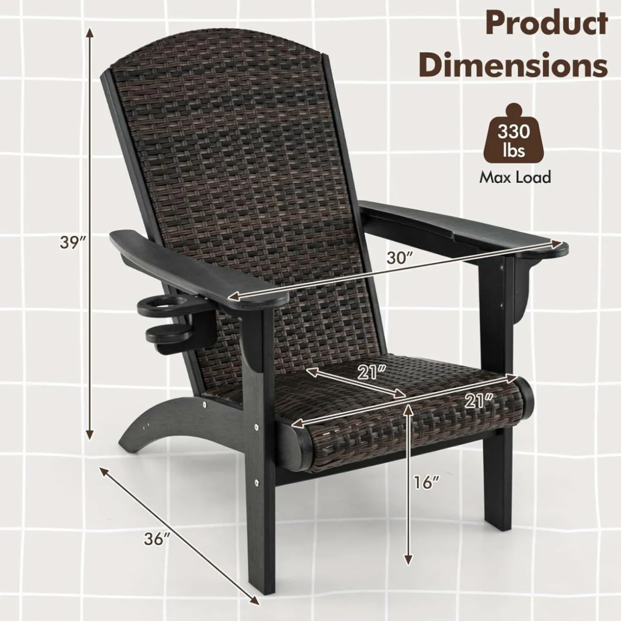 Tangkula Patio Wicker Adirondack Chair, HDPE Lounge Chair w/Rattan Padded Seat & Back