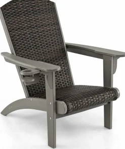 Tangkula Patio Wicker Adirondack Chair, HDPE Lounge Chair w/Rattan Padded Seat & Back