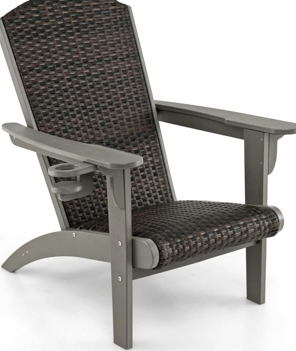Tangkula Patio Wicker Adirondack Chair, HDPE Lounge Chair w/Rattan Padded Seat & Back