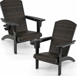Tangkula Patio Wicker Adirondack Chair, HDPE Lounge Chair w/Rattan Padded Seat & Back
