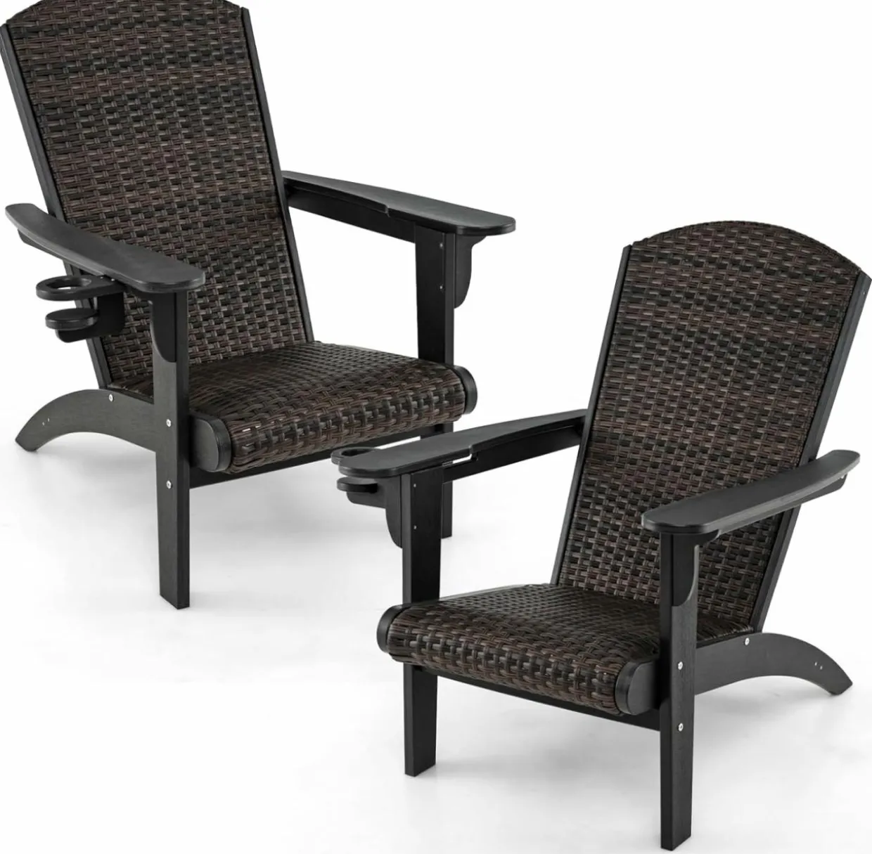 Tangkula Patio Wicker Adirondack Chair, HDPE Lounge Chair w/Rattan Padded Seat & Back
