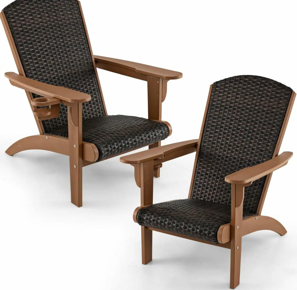 Tangkula Patio Wicker Adirondack Chair, HDPE Lounge Chair w/Rattan Padded Seat & Back