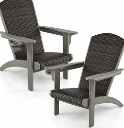 Tangkula Patio Wicker Adirondack Chair, HDPE Lounge Chair w/Rattan Padded Seat & Back