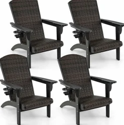 Tangkula Patio Wicker Adirondack Chair, HDPE Lounge Chair w/Rattan Padded Seat & Back