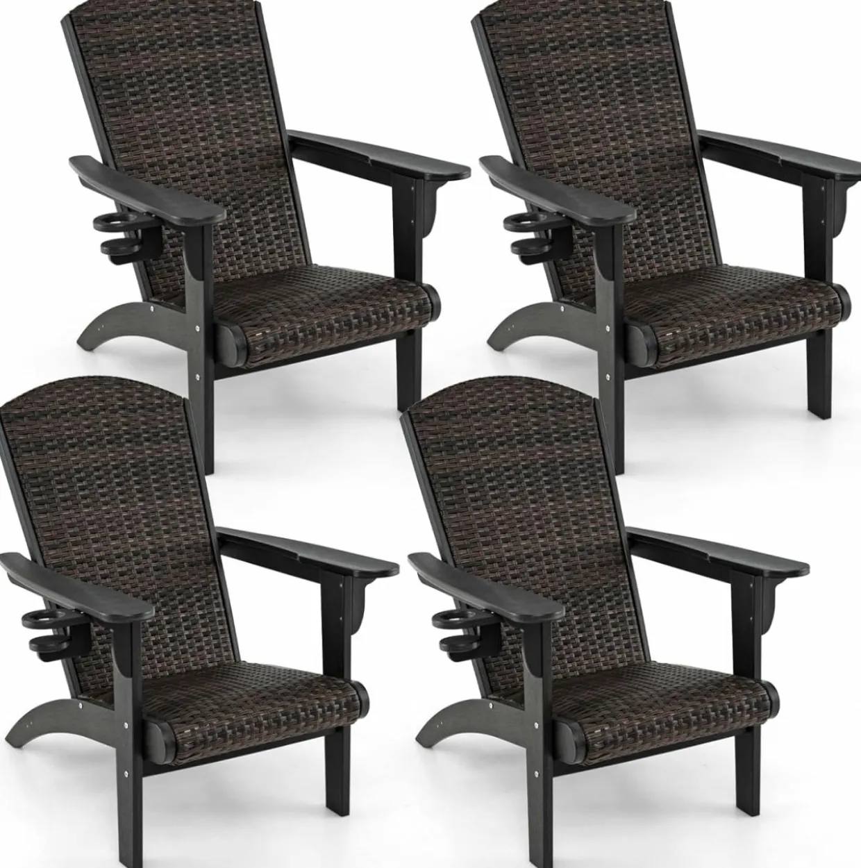 Tangkula Patio Wicker Adirondack Chair, HDPE Lounge Chair w/Rattan Padded Seat & Back