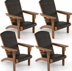Tangkula Patio Wicker Adirondack Chair, HDPE Lounge Chair w/Rattan Padded Seat & Back