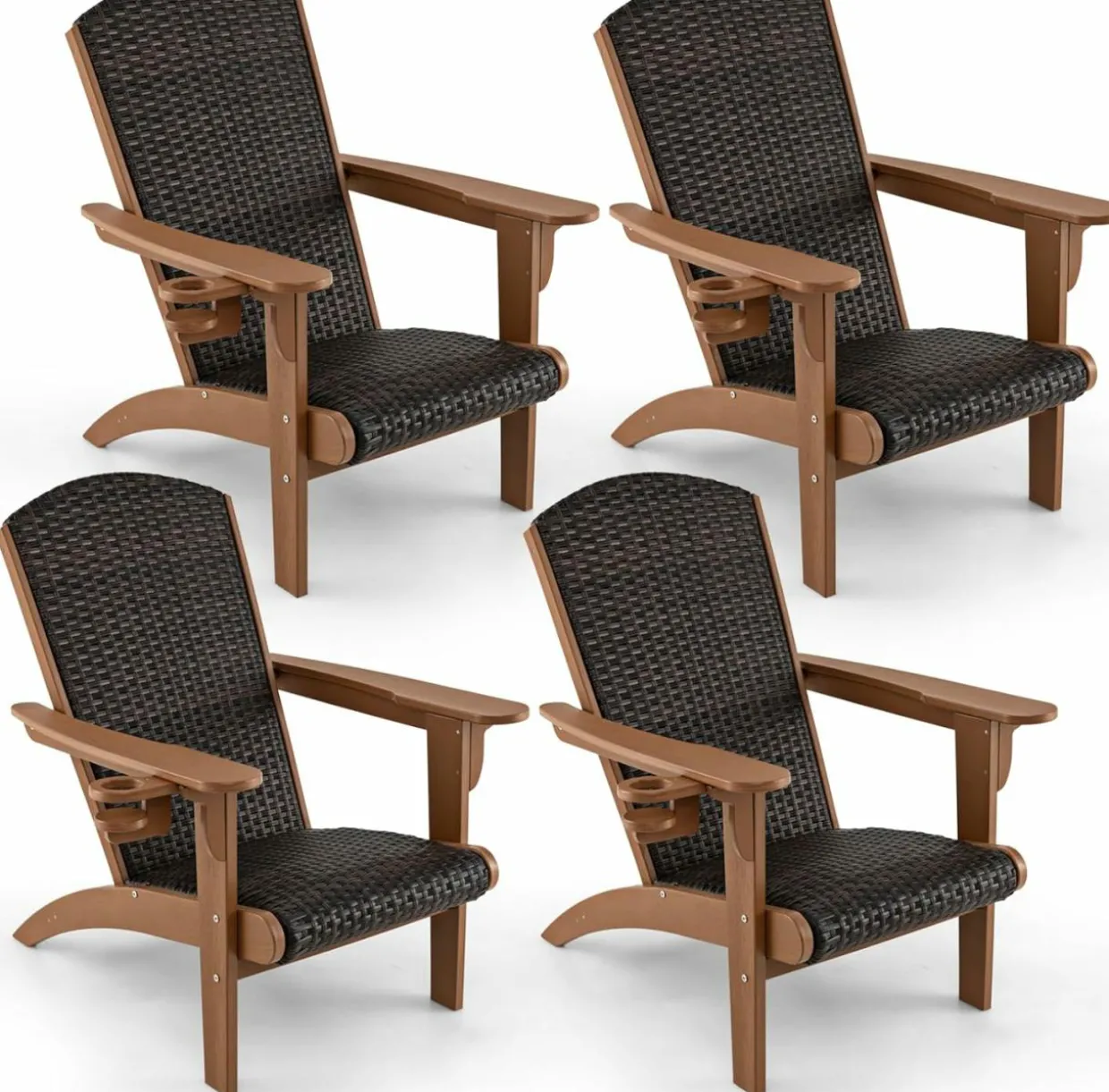 Tangkula Patio Wicker Adirondack Chair, HDPE Lounge Chair w/Rattan Padded Seat & Back