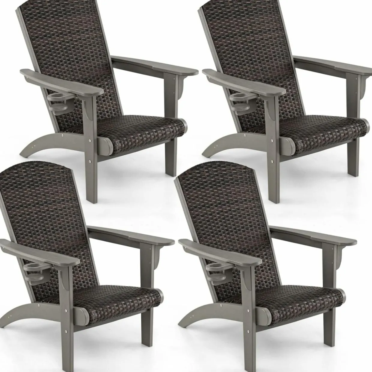 Tangkula Patio Wicker Adirondack Chair, HDPE Lounge Chair w/Rattan Padded Seat & Back