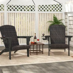 Tangkula Patio Wicker Adirondack Chair, HDPE Lounge Chair w/Rattan Padded Seat & Back