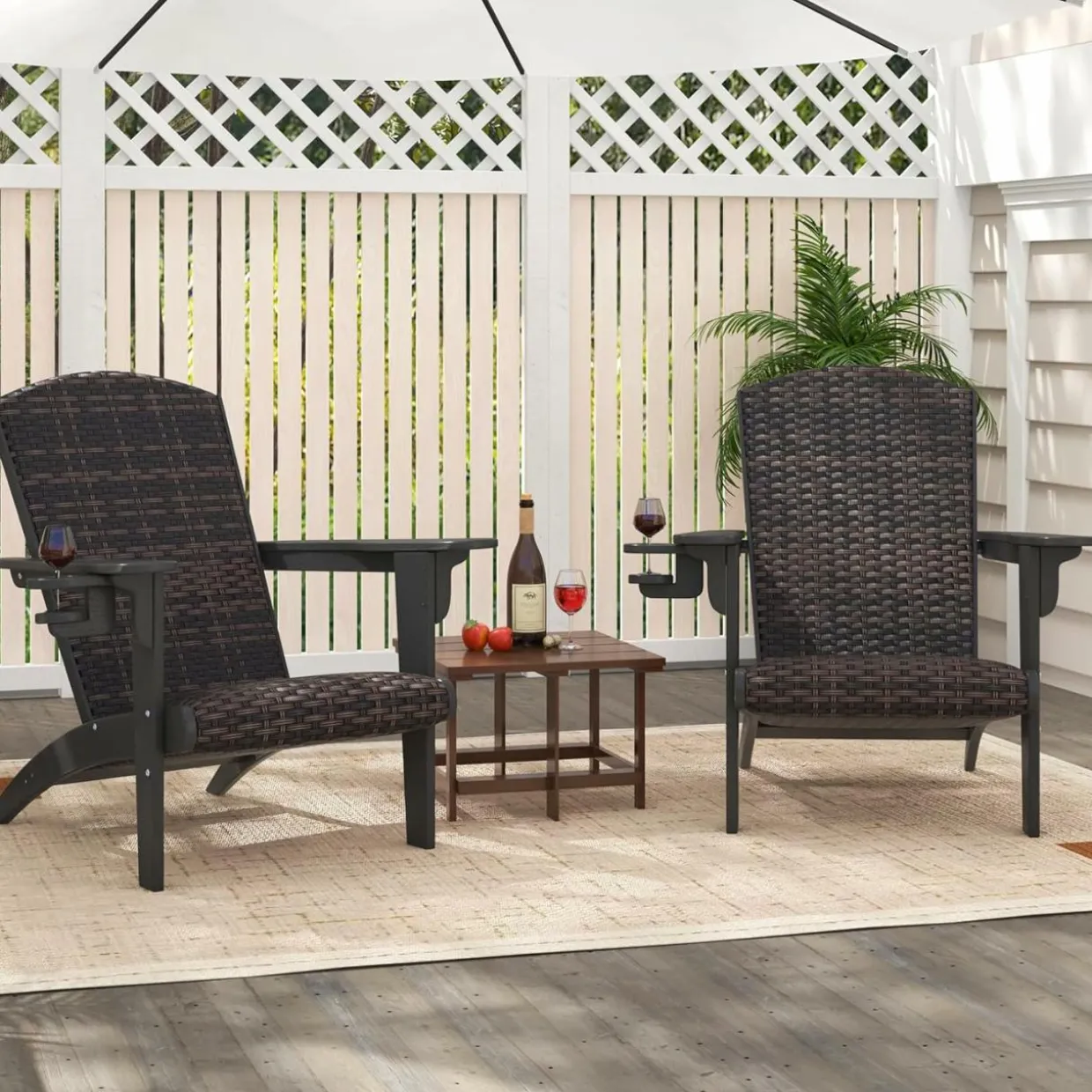 Tangkula Patio Wicker Adirondack Chair, HDPE Lounge Chair w/Rattan Padded Seat & Back