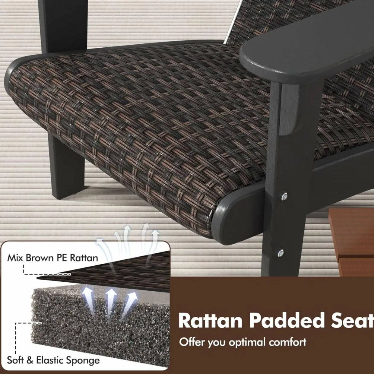 Tangkula Patio Wicker Adirondack Chair, HDPE Lounge Chair w/Rattan Padded Seat & Back