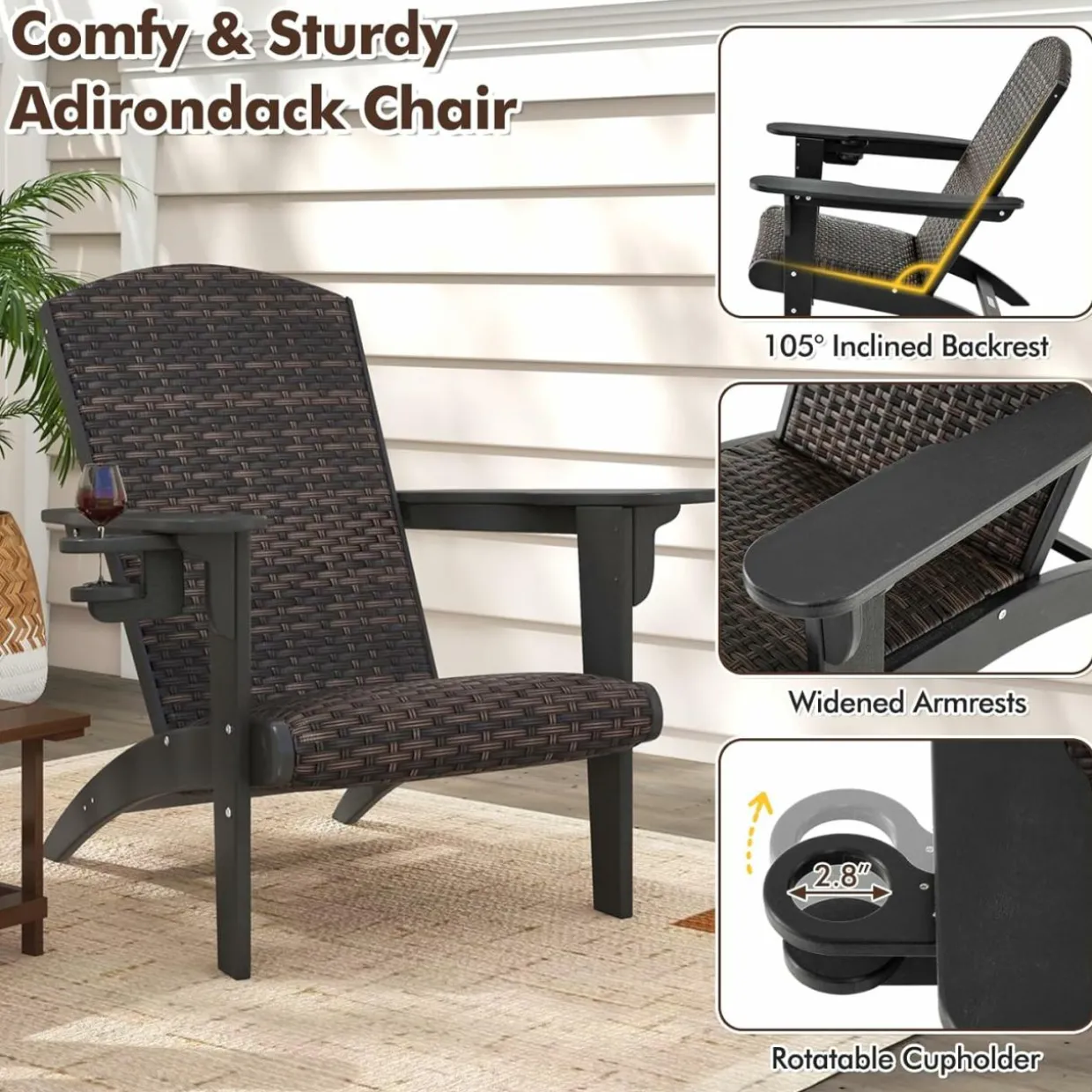 Tangkula Patio Wicker Adirondack Chair, HDPE Lounge Chair w/Rattan Padded Seat & Back