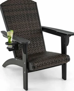 Tangkula Patio Wicker Adirondack Chair, HDPE Lounge Chair w/Rattan Padded Seat & Back