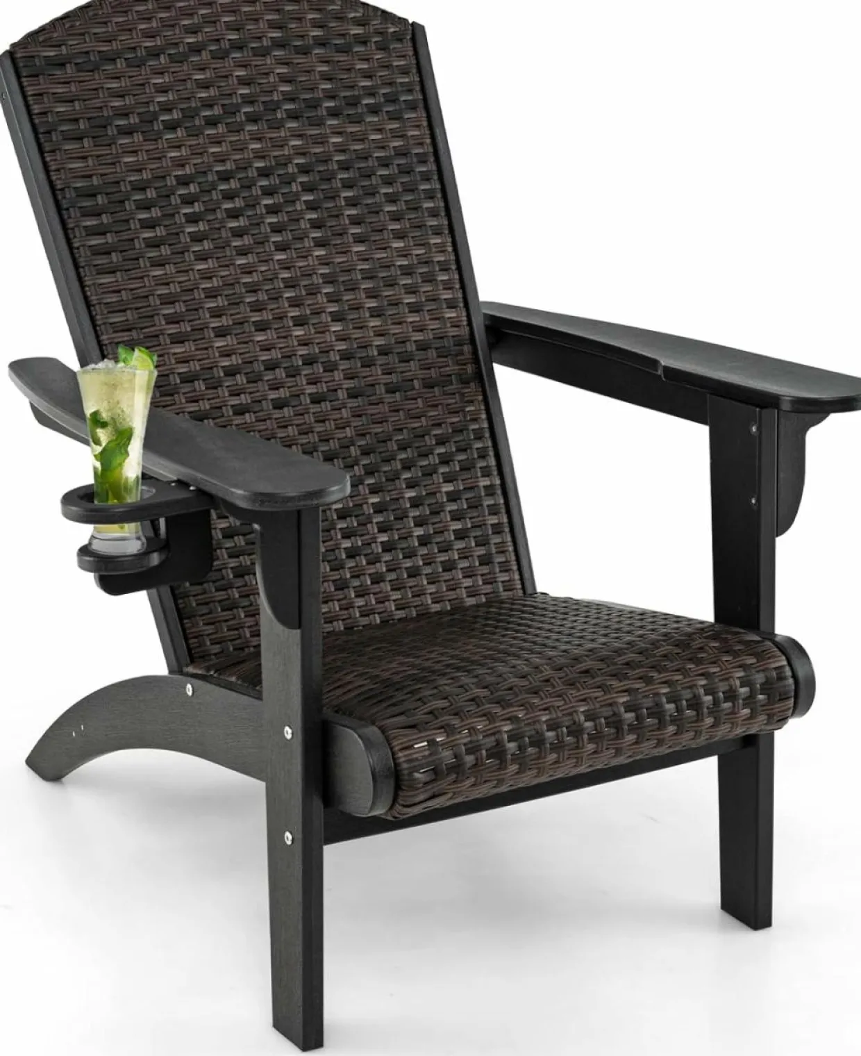Tangkula Patio Wicker Adirondack Chair, HDPE Lounge Chair w/Rattan Padded Seat & Back
