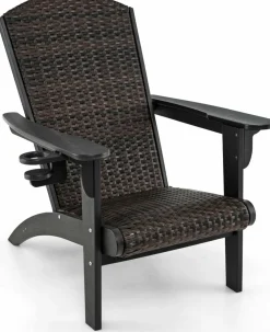 Tangkula Patio Wicker Adirondack Chair, HDPE Lounge Chair w/Rattan Padded Seat & Back