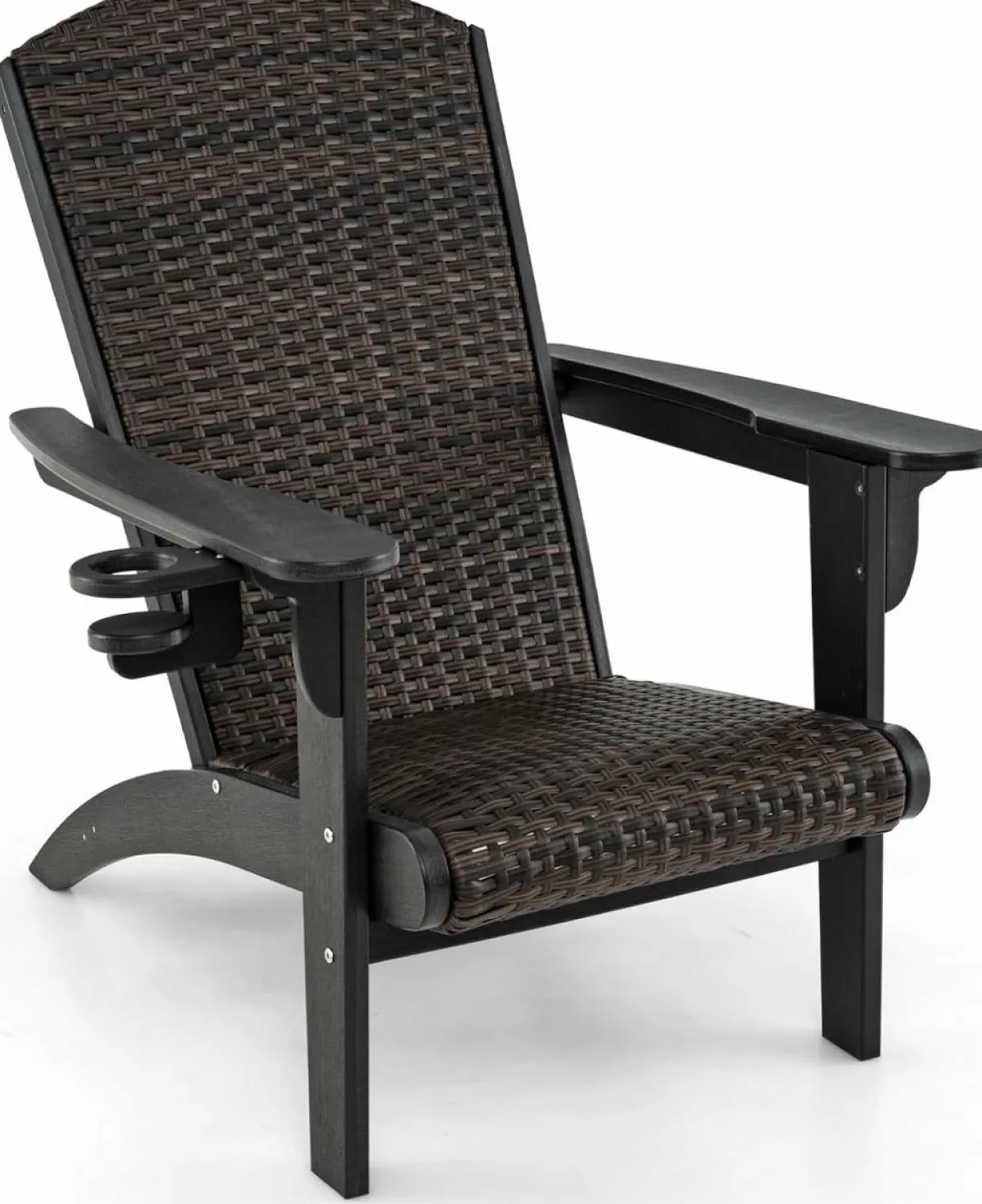 Tangkula Patio Wicker Adirondack Chair, HDPE Lounge Chair w/Rattan Padded Seat & Back